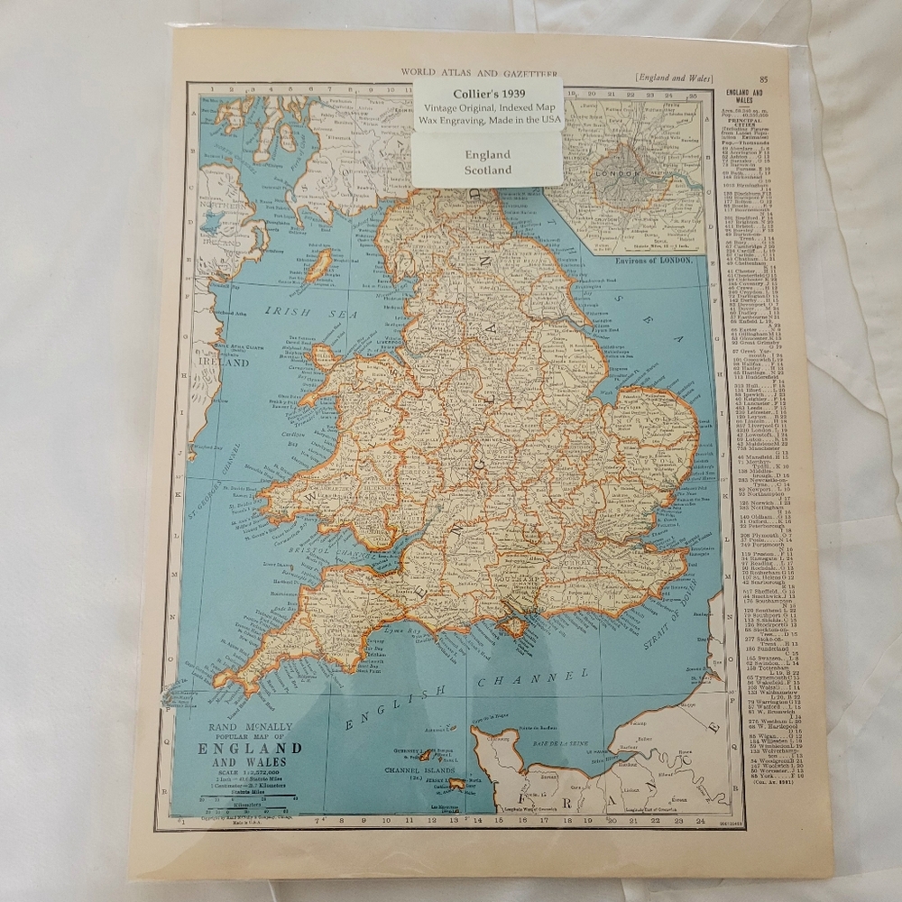 Vintage 1939 Collier's England & Scotland Indexed Map Wax Engraving Map
